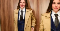 Grávida de 6 meses, Camila Queiroz aposta em trench coat de luxo e mistura alfaiataria com jeans em evento de moda
