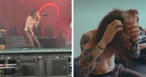 Vocalista leva drone na cabeça durante apresentação em festival