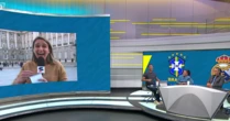 Carrinho de bebê tomba ao vivo durante entrada de repórter no sportv e Rizek alerta