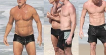 Genética boa! Aos 63 anos, Marcello Novaes exibe abdômen definido de sunga cavada em praia com o filho Pedro Novaes; fotos