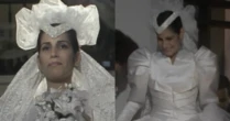 Nada de vestido de noiva básico! Em 1988, Maria de Fátima de Gloria Pires usou look maximalista com acessório extravagante na cabeça