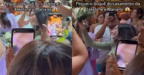 Famosa pega buquê em casamento de Jakelyne e Mariano e comemora