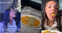Duda Guerra viaja em classe executiva e mostra menu com entrada, prato principal e sobremesa
