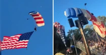 Veja momento em que paraquedista com bandeira gigante dos EUA cai sobre tenda