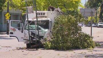 Truck slams through row of power lines before catching on fire