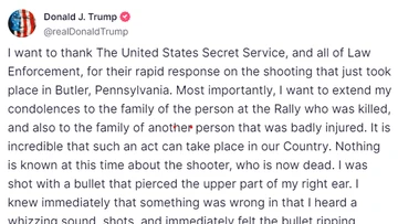 Trump says he was 'shot with bullet' in social media post