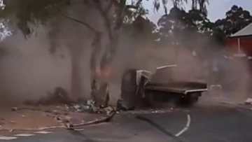 Dashcam footage captures truck taking out cars, power lines after brake failure