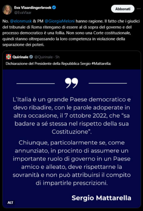 Musk ritwitta un commento su Mattarella, 'ha ragione Meloni'