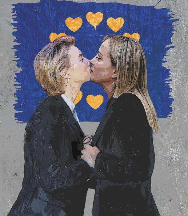 Il bacio tra Giorgia Meloni e Ursula von der Leyen nel nuovo murale di TvBoy