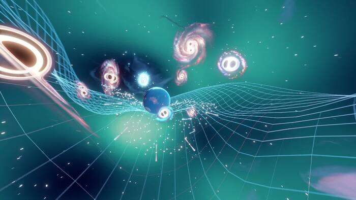 rappresentazione artistica di coppie di buchi neri supermassicci e del tessuto spazio-temporale distorto dal loro impatto (fonte: Carl Knox, OzGrav, Swinburne University of Technology)