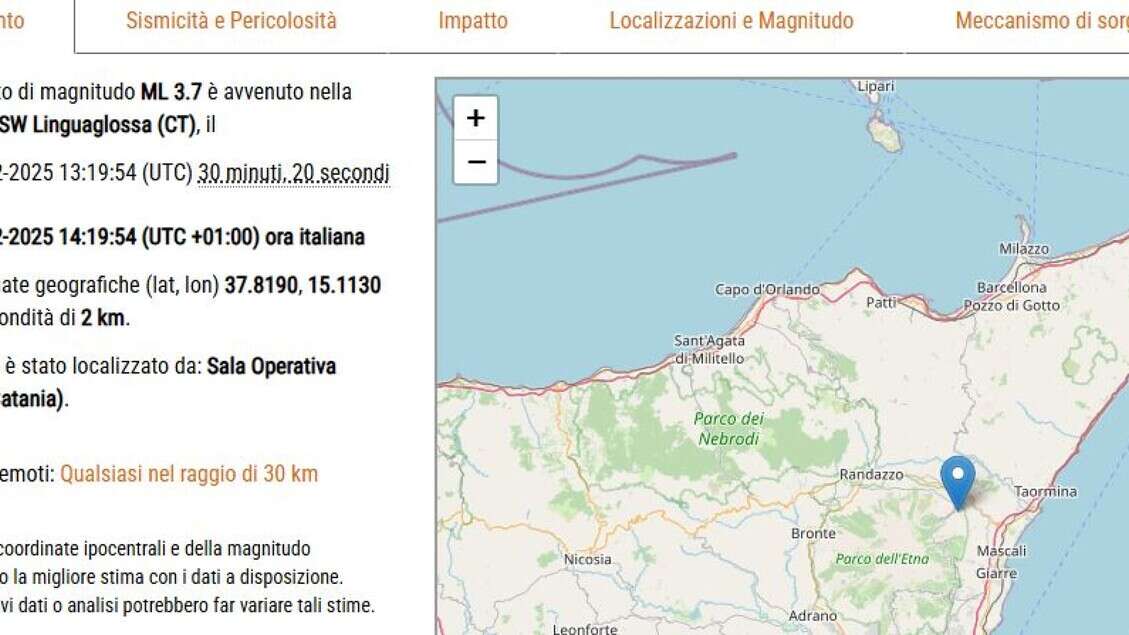 Terremoti nel Catanese, scossa maggiore di magnitudo 3,7