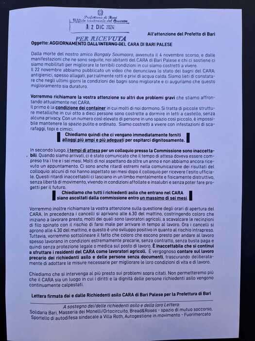 Lettera migranti Cara a prefetto Bari, 'chiediamo più dignità'