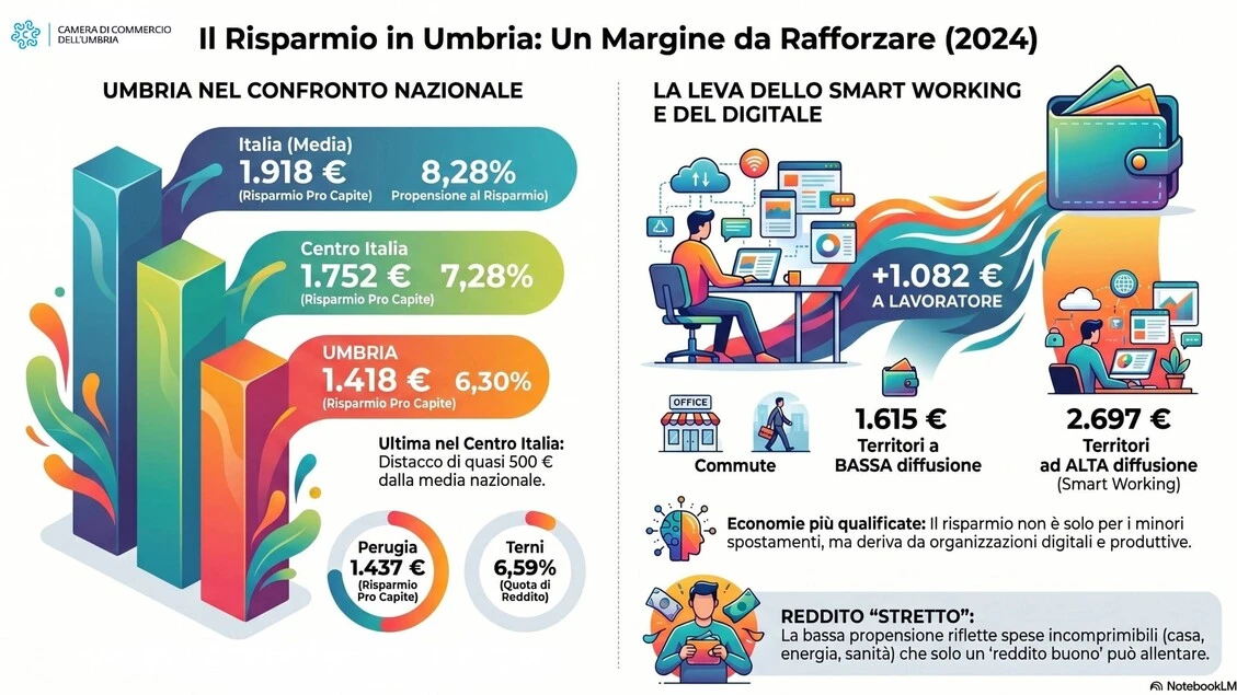 Umbria, ultima nel Centro per risparmi con 1.418 euro a testa