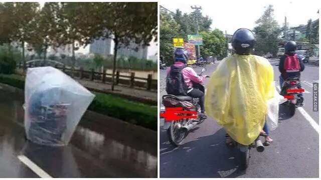 6 Potret Orang Pakai Jas Hujan Sampai Motornya Tertutup Ini Bikin Tepuk Jidat