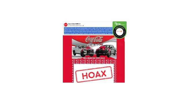 Cek Fakta: Hoaks Coca-Cola Bagikan Toyota Hilux Hanya dengan Tebak Angka di Facebook