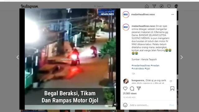 Viral Driver Ojek Online di Medan Ditikam Hingga Sepeda Motor Dirampas Begal