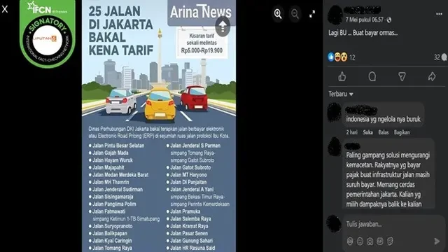 Cek Fakta: Hoaks 25 Ruas Jalan di Jakarta Bakal Kena Tarif pada Mei 2025