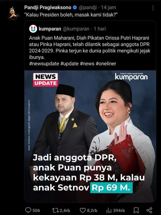 Anak Politisi Berbondong-bondong Jadi Anggota DPR, Pandji Pragiwaksono Lempar Sindiran ke ...