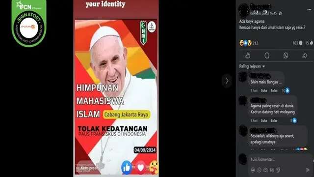 Cek Fakta: Hoaks Poster HMI Tolak Kedatangan Paus Fransiskus di Indonesia