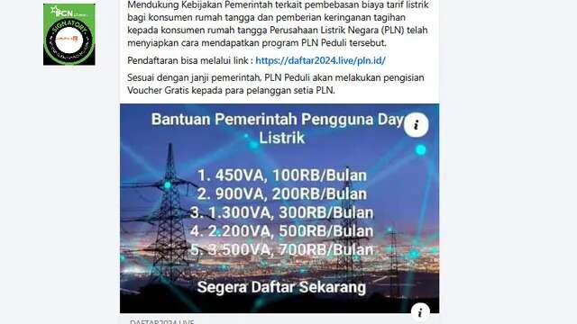 Cek Fakta: Tidak Benar PLN Isi Voucer Listrik Gratis untuk yang Mendaftar Program Pelangg...