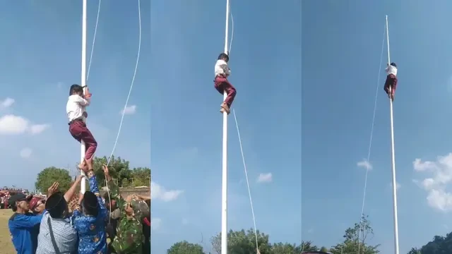 Aksi Bocah SD di Lampung Panjat Tiang Demi Merah Putih Tetap Berkibar, Disebut Warga 'Pahl...