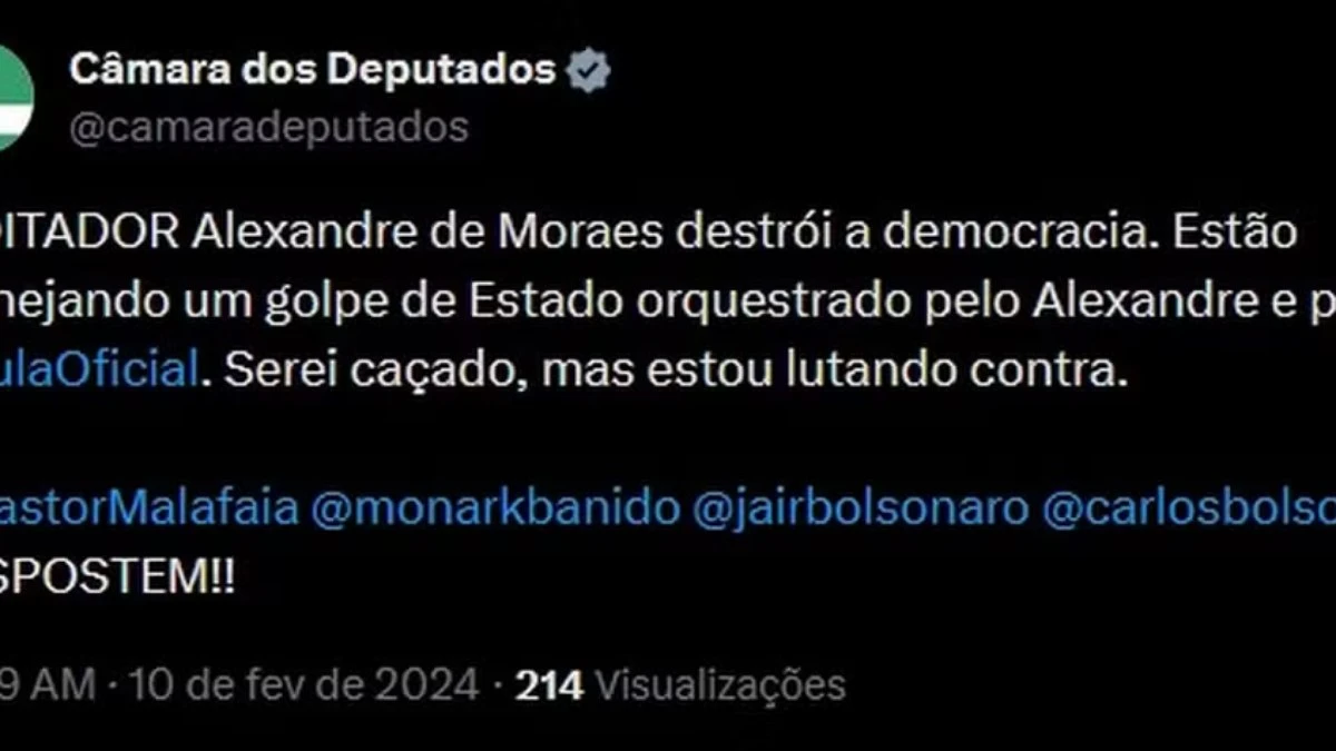 Perfil da Câmara dos Deputados é hackeado e ataca Alexandre de Moraes