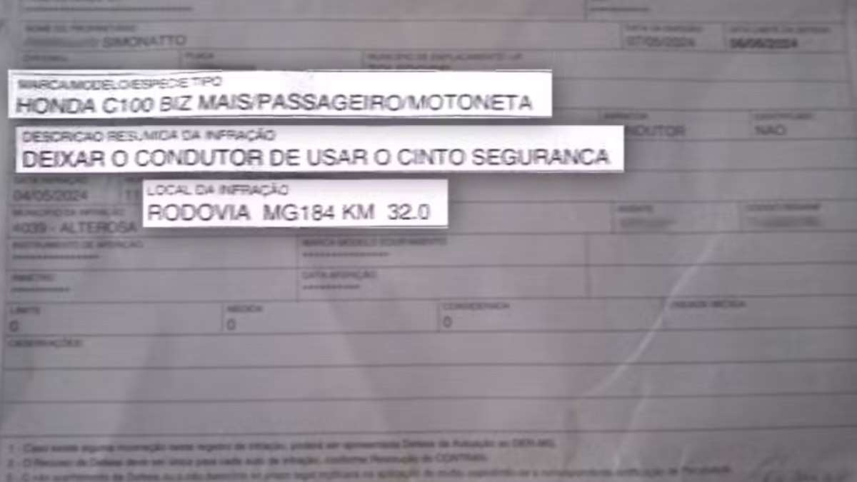 Motociclista leva multa por não usar cinto de segurança em MG; entenda