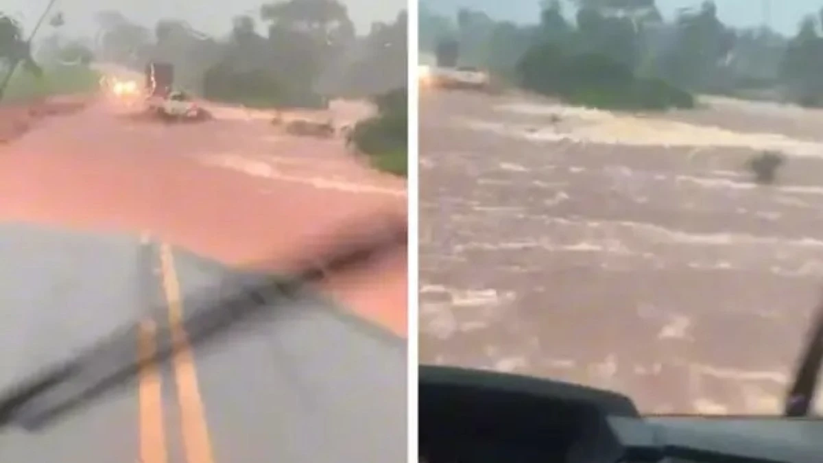 VÍDEO: enxurrada faz piscina parar no meio da BR-267