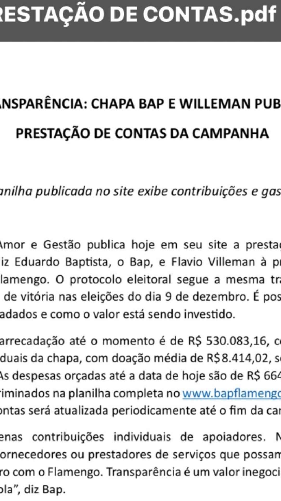 Chapa liderada por BAP divulga balanço de gastos da campanha à presidência do Flamengo