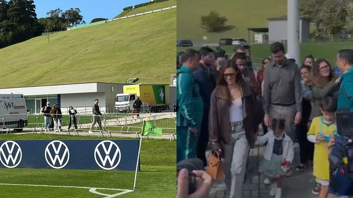 Esposa e filhas de Neymar chegam de helicóptero à Granja Comary