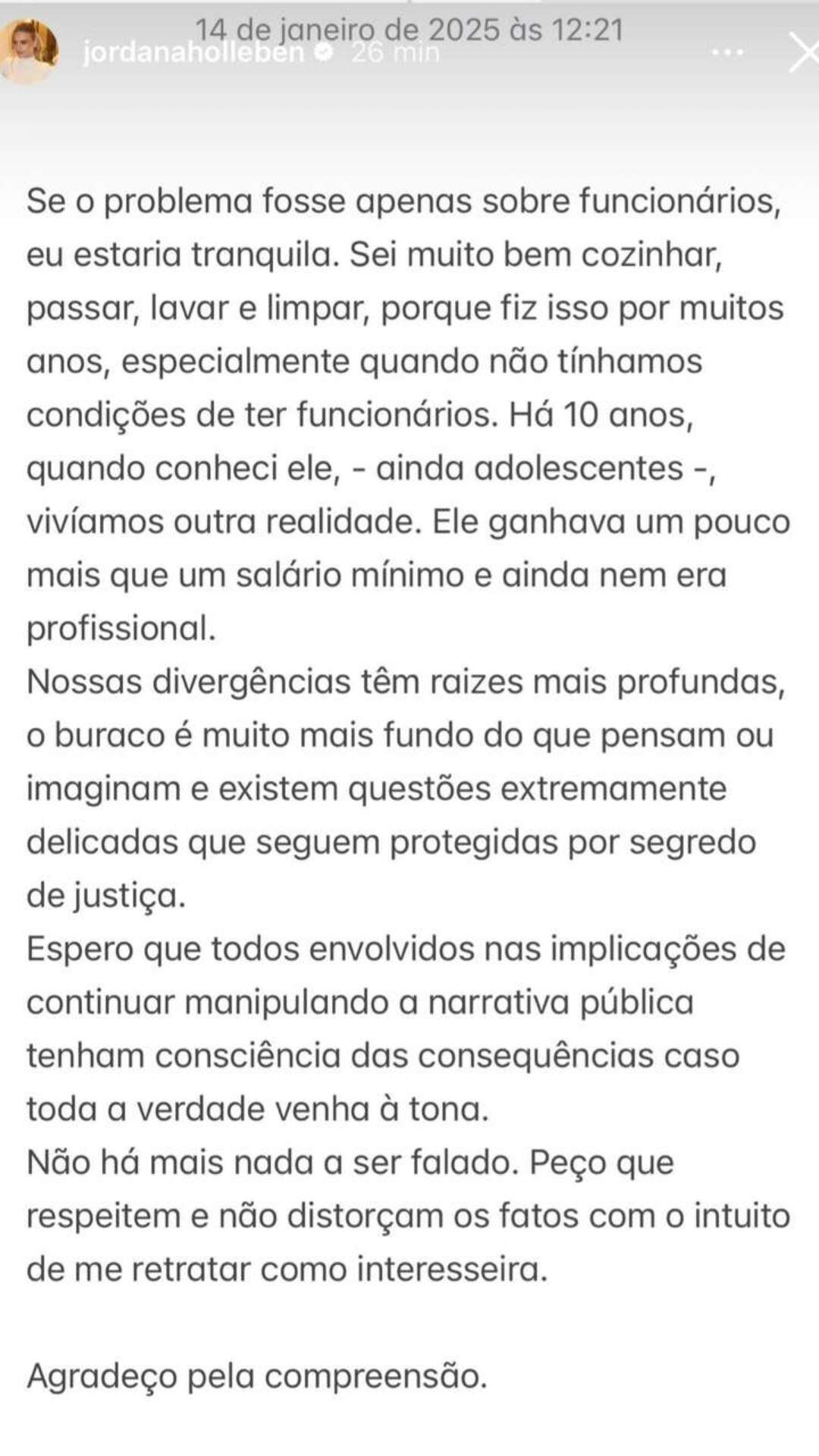 Jordana se manifesta sobre questões judiciais do divórcio com Allan, do Flamengo