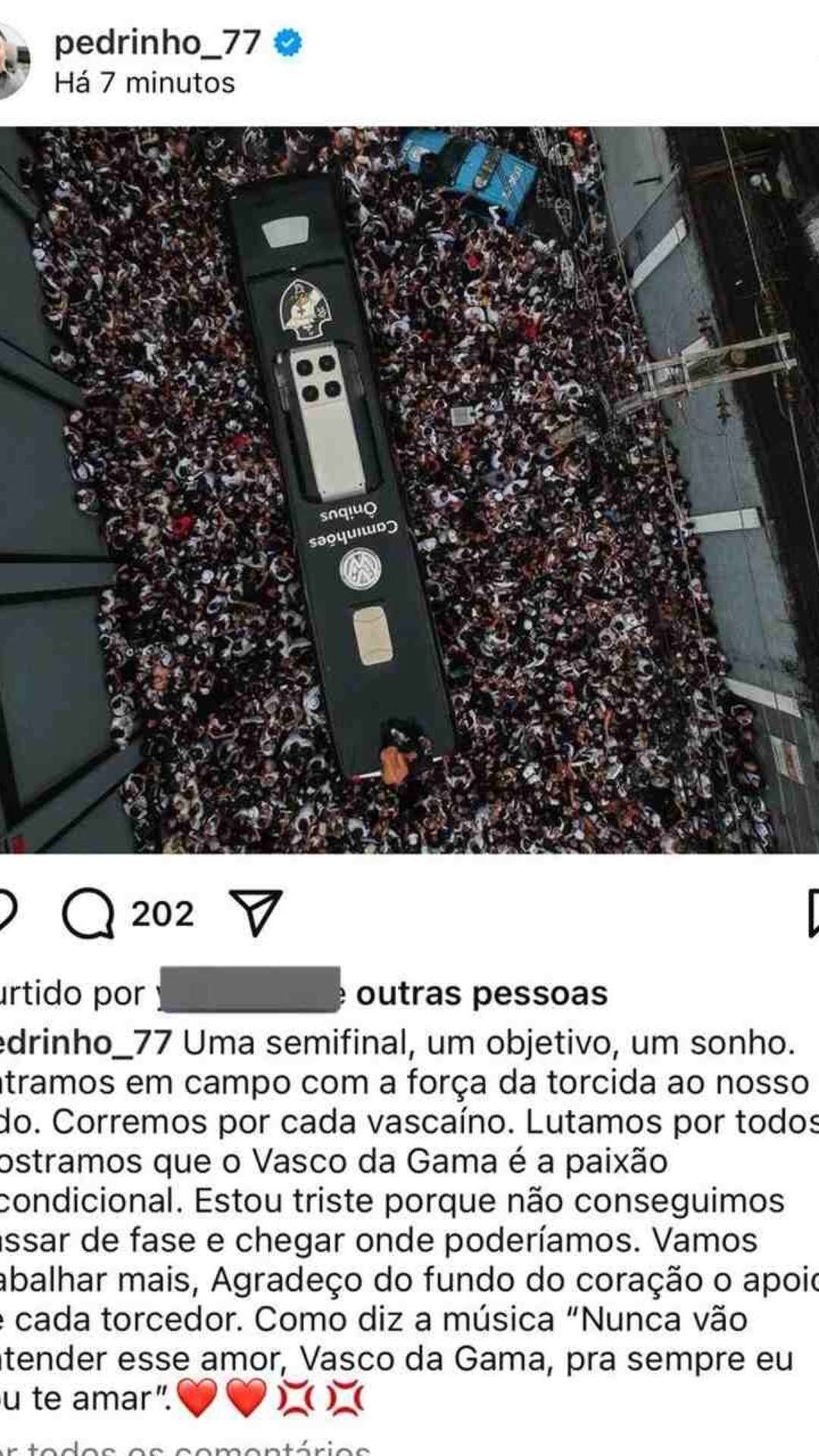 Presidente do Vasco, Pedrinho apaga publicação em sua conta após críticas