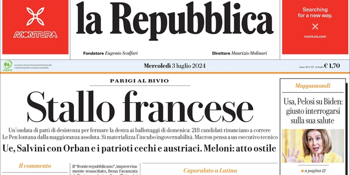Le prime pagine di oggiGli accordi fra i partiti per le elezioni legislative in Francia, la lettera di Meloni al partito, e l'arresto del datore di lavoro di Satnam Singh