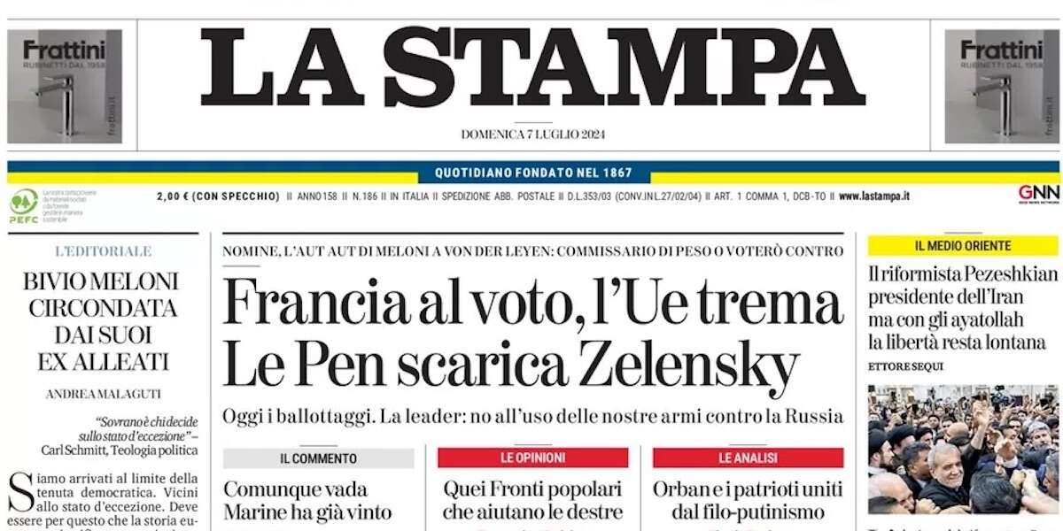 Le prime pagine di oggiIl secondo turno delle legislative in Francia, la vittoria del candidato riformista alle elezioni in Iran e i quarti di finale degli Europei di calcio