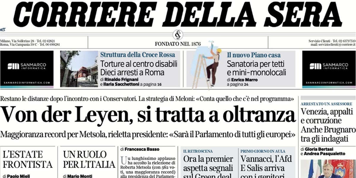 Le prime pagine di oggiLe trattative per la conferma di von der Leyen, l'indagine sul sindaco di Venezia, e la convention repubblicana a Milwaukee