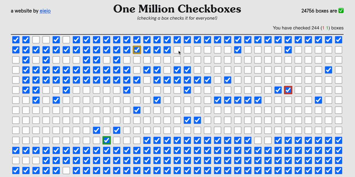 Perché moltissime persone stanno perdendo tempo su questo videogioco?Riempire o svuotare tutte le caselle di “One Million Checkboxes” è praticamente impossibile, ma ciononostante ci hanno provato in centinaia di migliaia