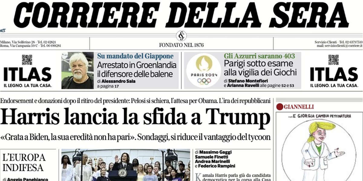 Le prime pagine di oggiL'avvio della campagna elettorale di Kamala Harris, l'attesa per l'inizio delle Olimpiadi, e l'andamento dei lavori del PNRR