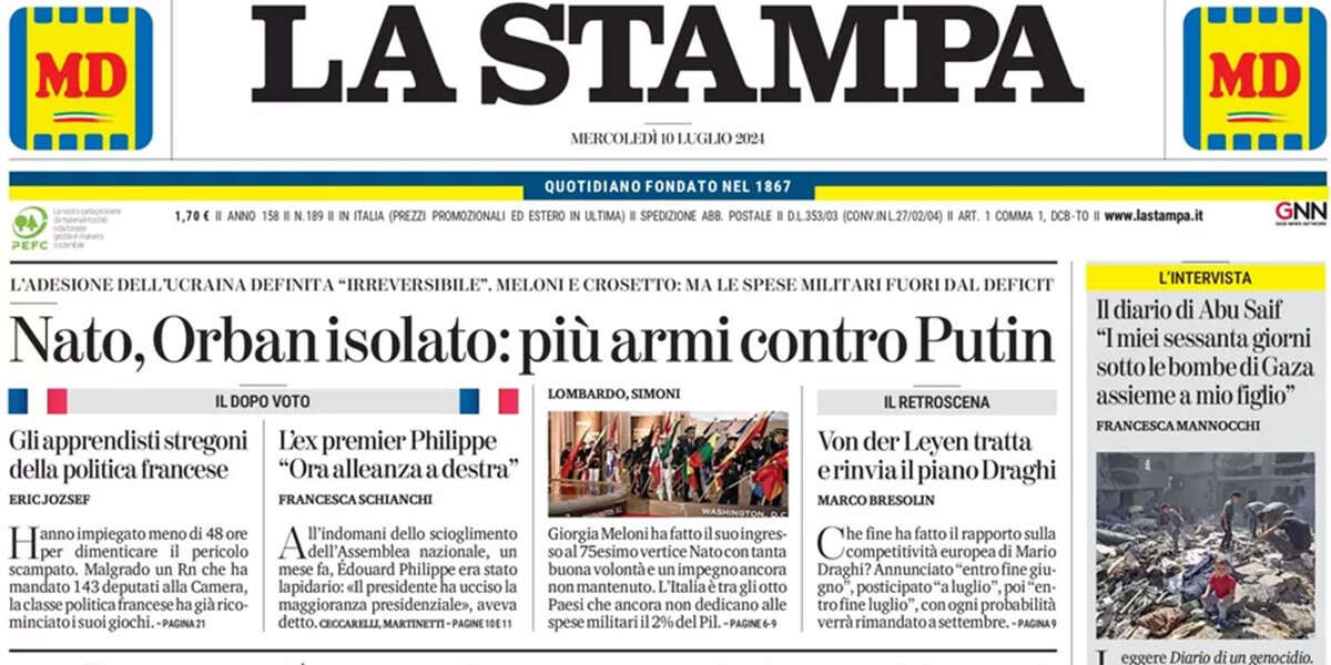 Le prime pagine di oggiIl vertice NATO a Washington, gli interventi all'assemblea dell'ABI, e Sinner sconfitto e Paolini in semifinale a Wimbledon