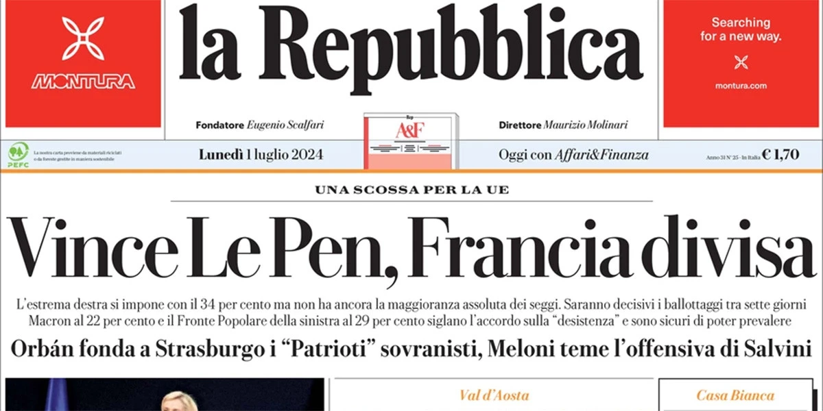 Le prime pagine di oggiLe elezioni in Francia, il maltempo in Valle d'Aosta e Piemonte, e i commenti all'eliminazione dell'Italia dagli Europei
