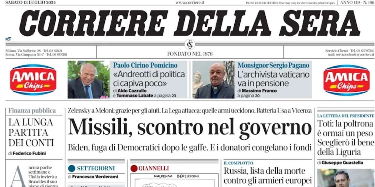 Le prime pagine di oggiLe discussioni del governo sugli aiuti all'Ucraina, la salute di Joe Biden e la finale a Wimbledon di Jasmine Paolini