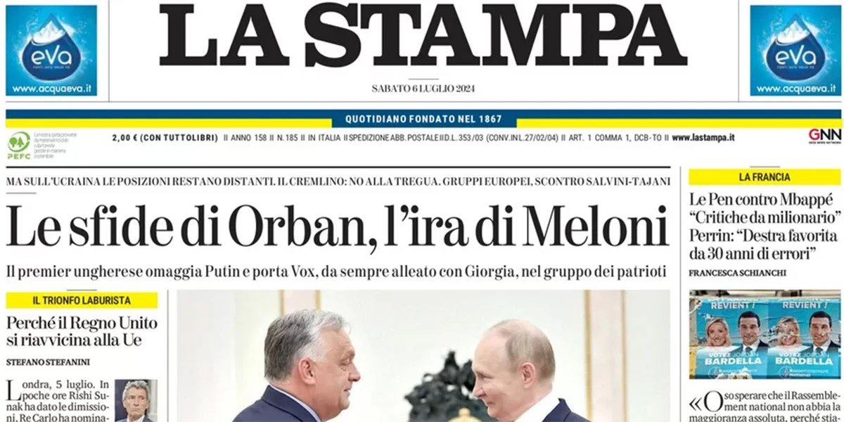 Le prime pagine di oggiL'incontro fra Orbán e Putin, le elezioni nel Regno Unito, il referendum sull'autonomia, e la scomunica di Viganò