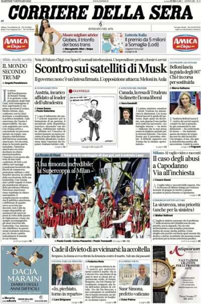 Le prime pagine di oggiIl possibile accordo fra governo e SpaceX, le dimissioni di Belloni da direttrice dei servizi segreti, le dimissioni di Trudeau, e la vittoria del Milan in Supercoppa