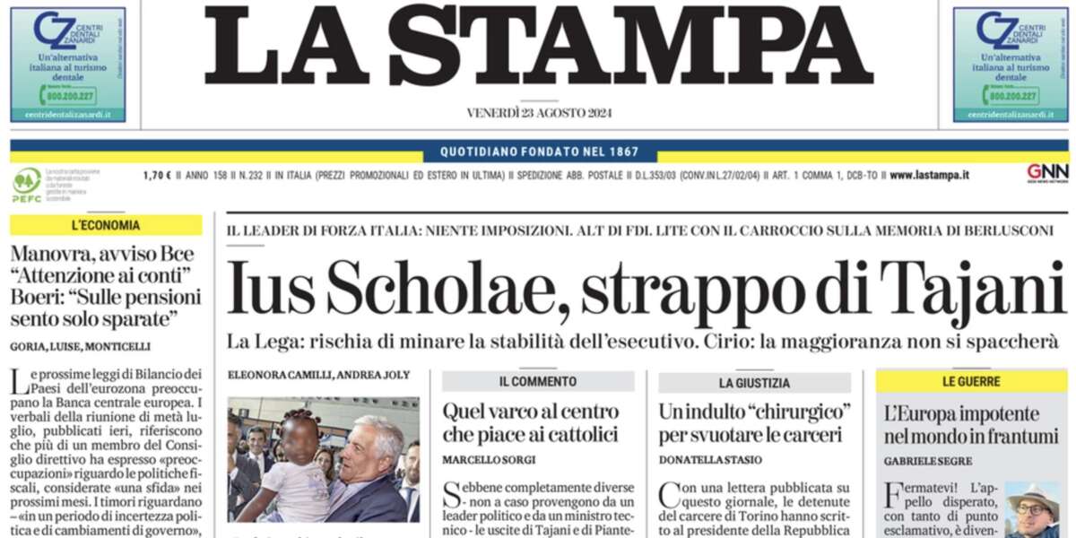 Le prime pagine di oggiLe divisioni interne alla coalizione di governo sullo ius scholae, l'ultima serata della convention del Partito democratico negli Stati Uniti e gli aggiornamenti sulla Bayesian