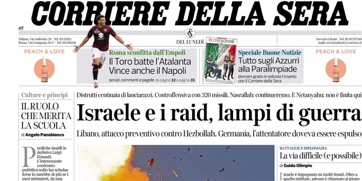 Le prime pagine di oggiL'attacco israeliano contro Hezbollah, l'arresto del fondatore di Telegram, e quello dell'attentatore di Solingen, in Germania