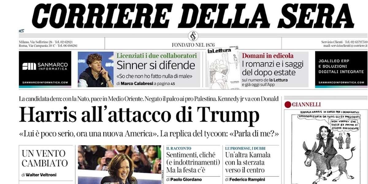 Le prime pagine di oggiLe dichiarazioni di Jannik Sinner e di Giancarlo Giorgetti, e la candidatura di Kamala Harris alla fine della convention del Partito Democratico