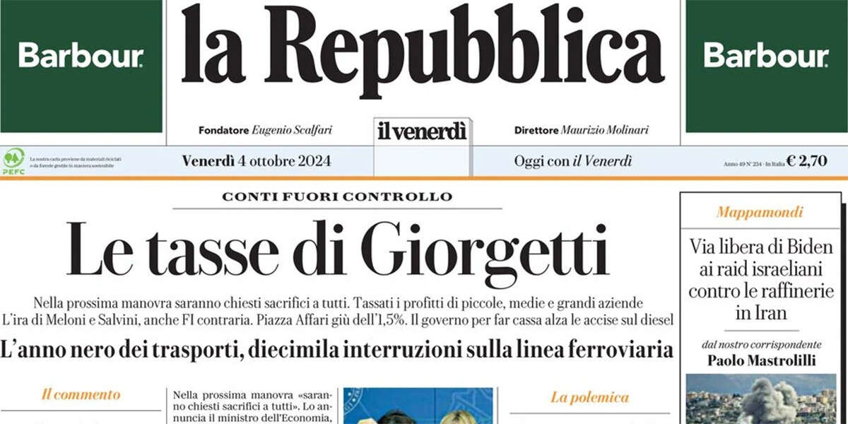 Le prime pagine di oggiGiorgetti sulla legge di bilancio, l'attesa per la reazione israeliana verso l'Iran, e le indagini sul guasto alla rete ferroviaria a Roma