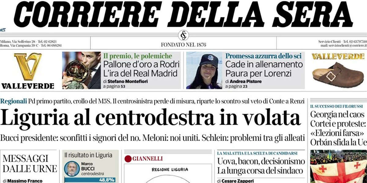 Le prime pagine di oggiLa vittoria di Bucci in Liguria, le proteste per i brogli in Georgia, e l'indagine sugli accessi illegali alle banche dati