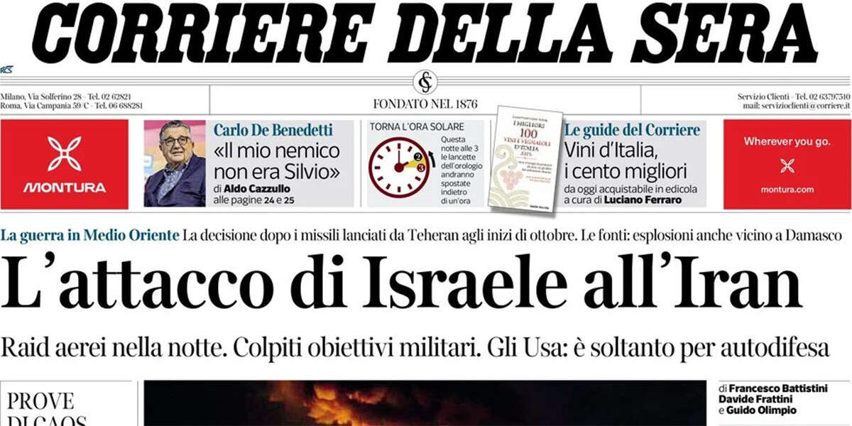 Le prime pagine di oggiL'attacco israeliano all'Iran, le elezioni regionali in Liguria, il processo a Filippo Turetta, e la fine dell'ora legale