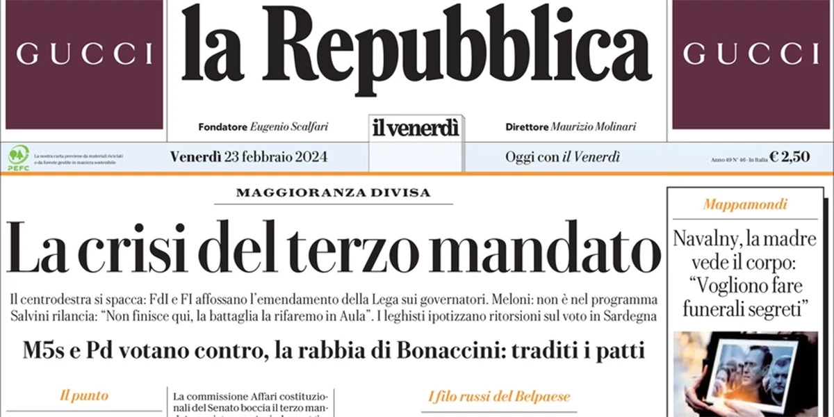 Le prime pagine di oggiLa bocciatura del terzo mandato, la madre ha visto il corpo di Navalny, e la separazione di Fedez e Ferragni
