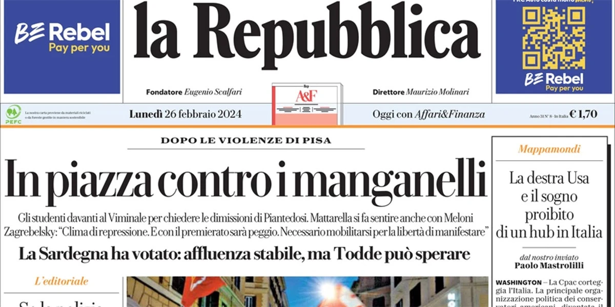 Le prime pagine di oggiLe reazioni alle violenze della polizia, le elezioni regionali in Sardegna, e l'anniversario del naufragio di Cutro